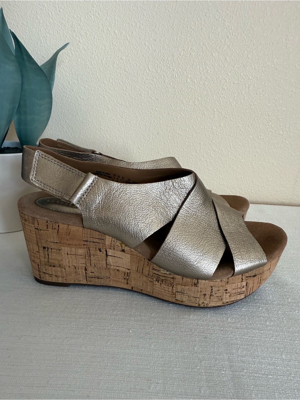 Clarks Metallic Gold Wedge Sandals for Women - Slingback Cork Platform